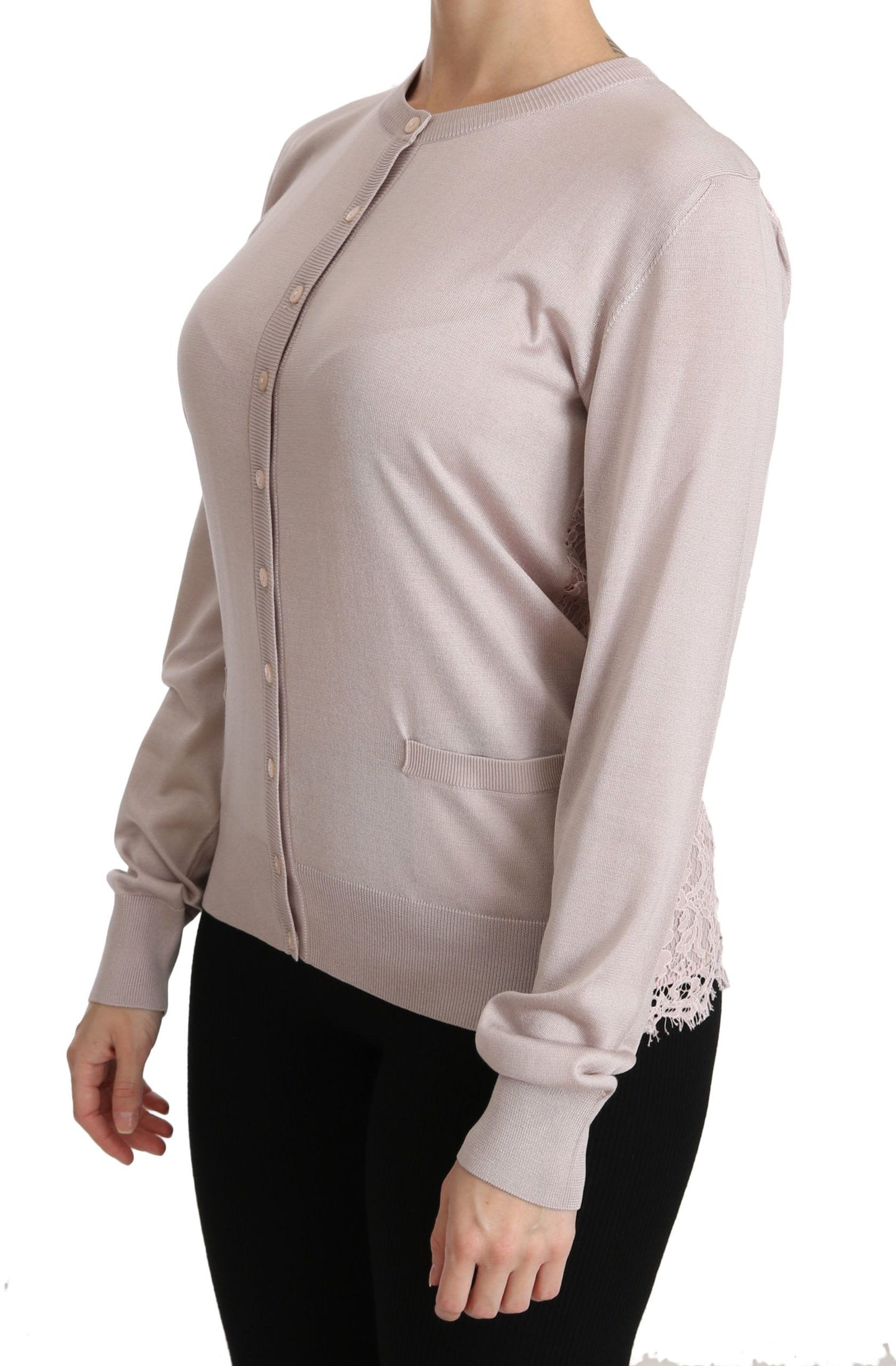 Cárdigan de cuello redondo rosa en mezcla de seda