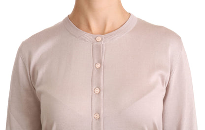Cárdigan de cuello redondo rosa en mezcla de seda