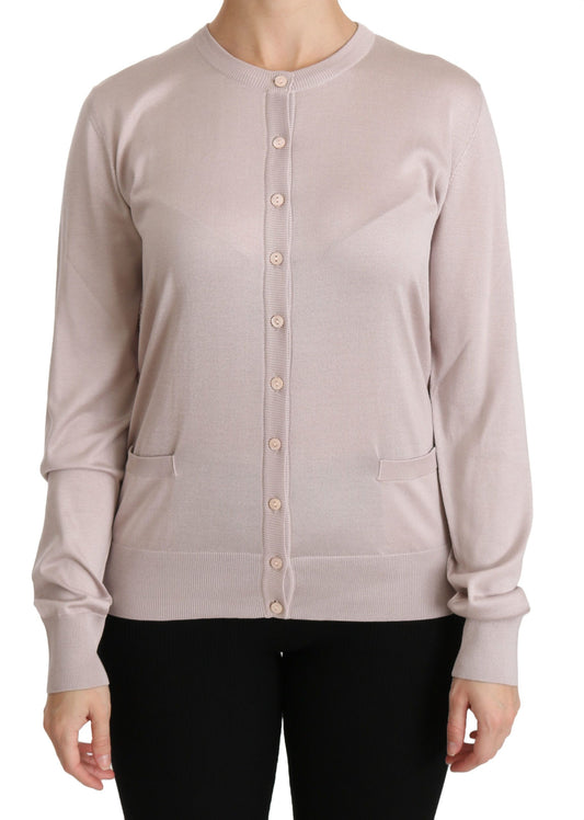 Cárdigan de cuello redondo rosa en mezcla de seda