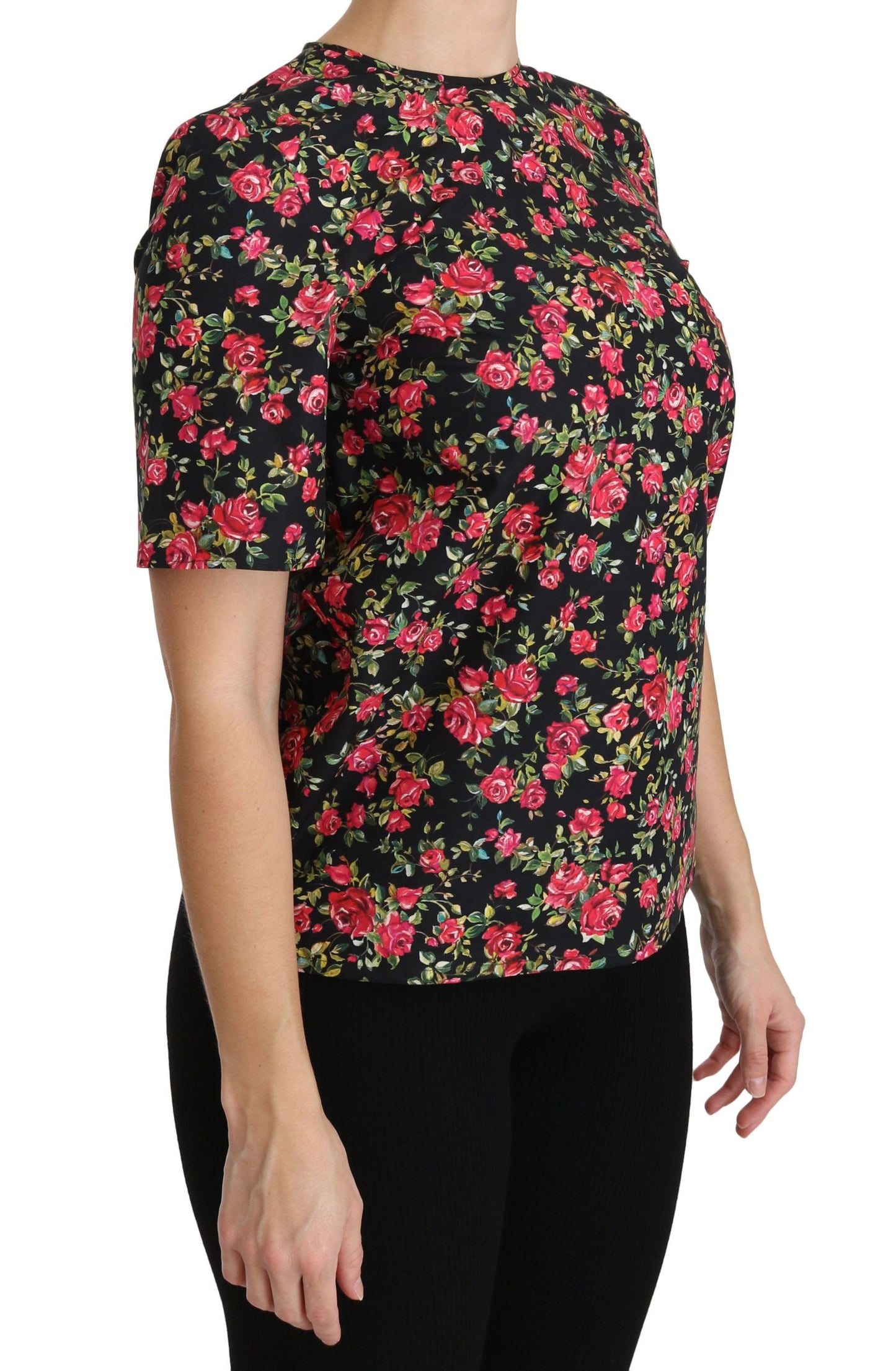 Elegante top negro con cuello redondo y estampado floral