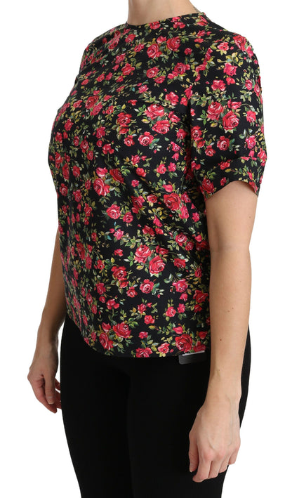 Elegante top negro con cuello redondo y estampado floral