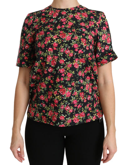 Elegante top negro con cuello redondo y estampado floral