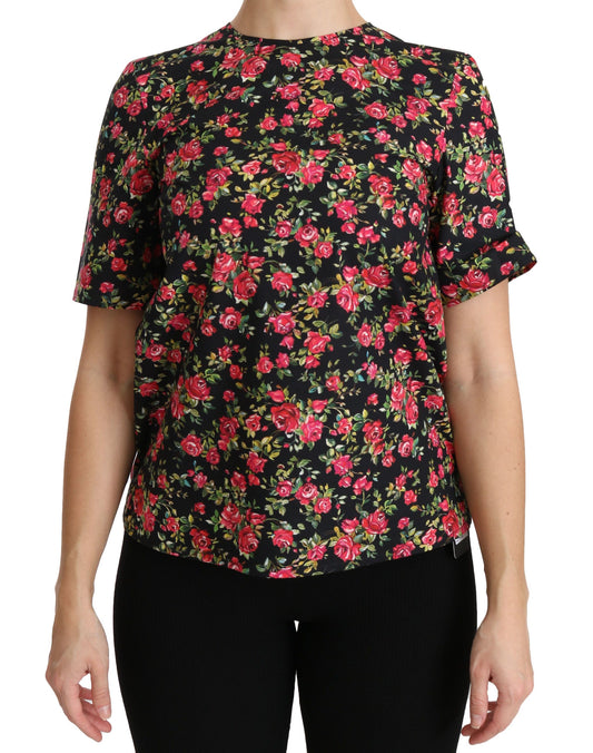 Elegante top negro con cuello redondo y estampado floral