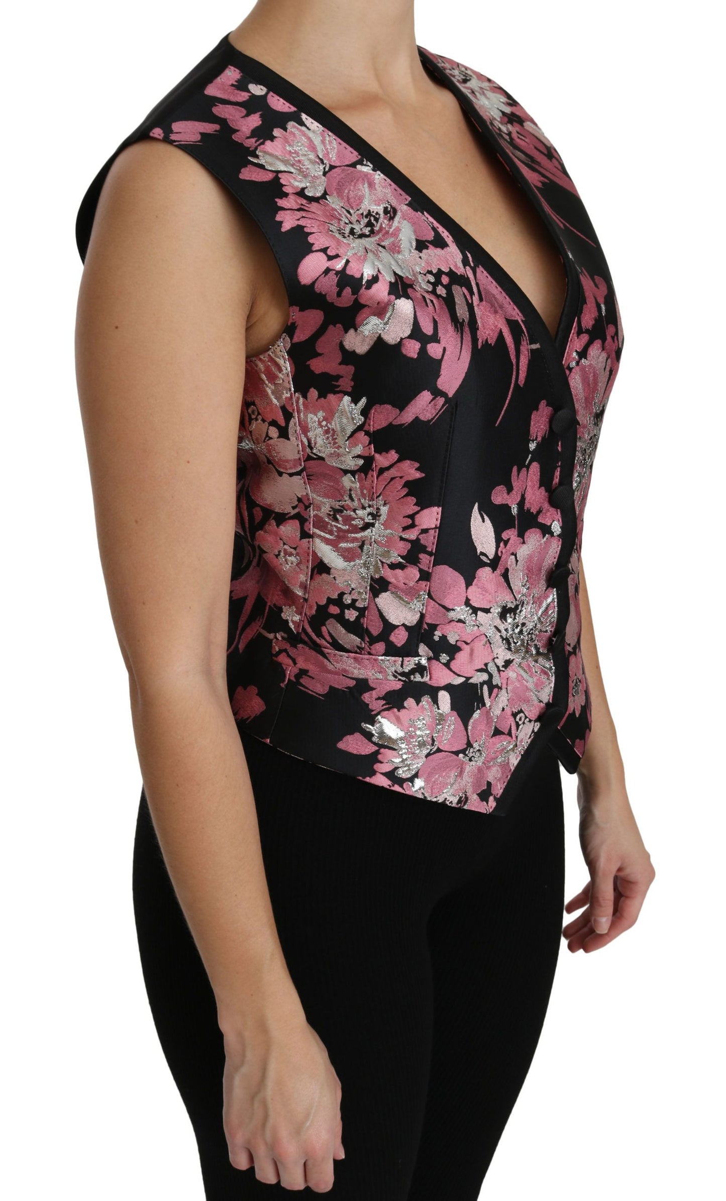 Elegante top de chaleco con escote pronunciado y brocado floral