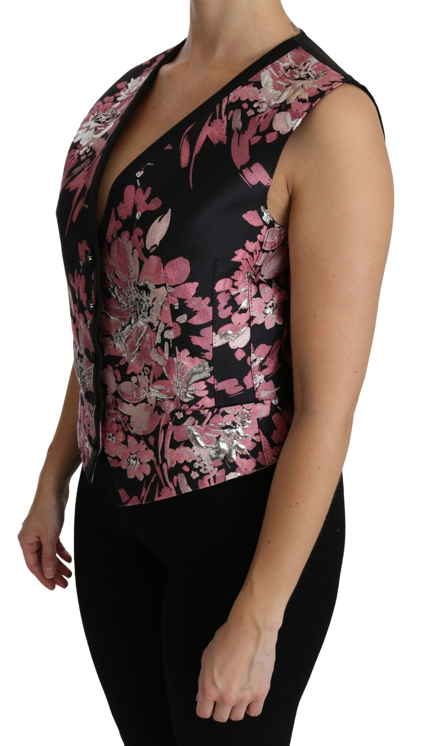 Elegante top de chaleco con escote pronunciado y brocado floral