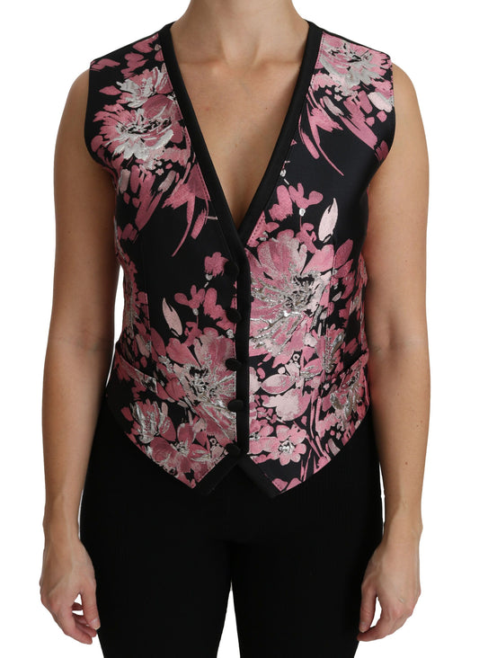 Elegante top de chaleco con escote pronunciado y brocado floral