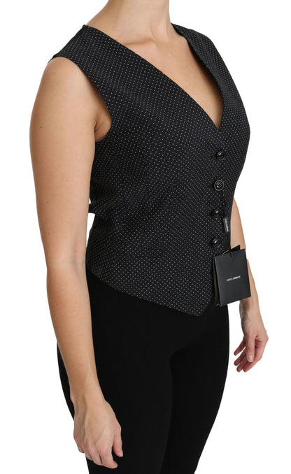 Chaleco elegante sin mangas de mezcla de lana con lunares negros