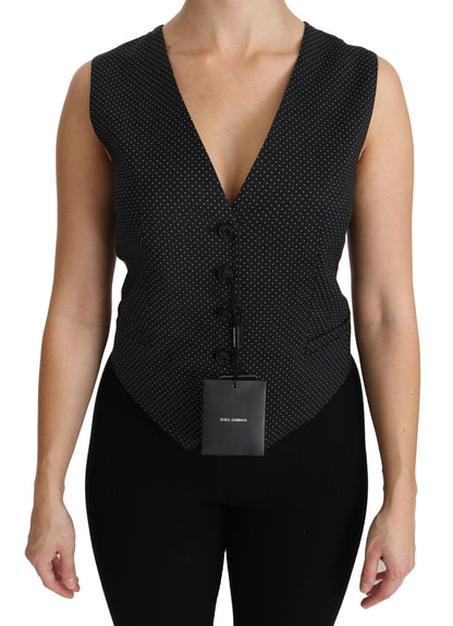 Chaleco elegante sin mangas de mezcla de lana con lunares negros