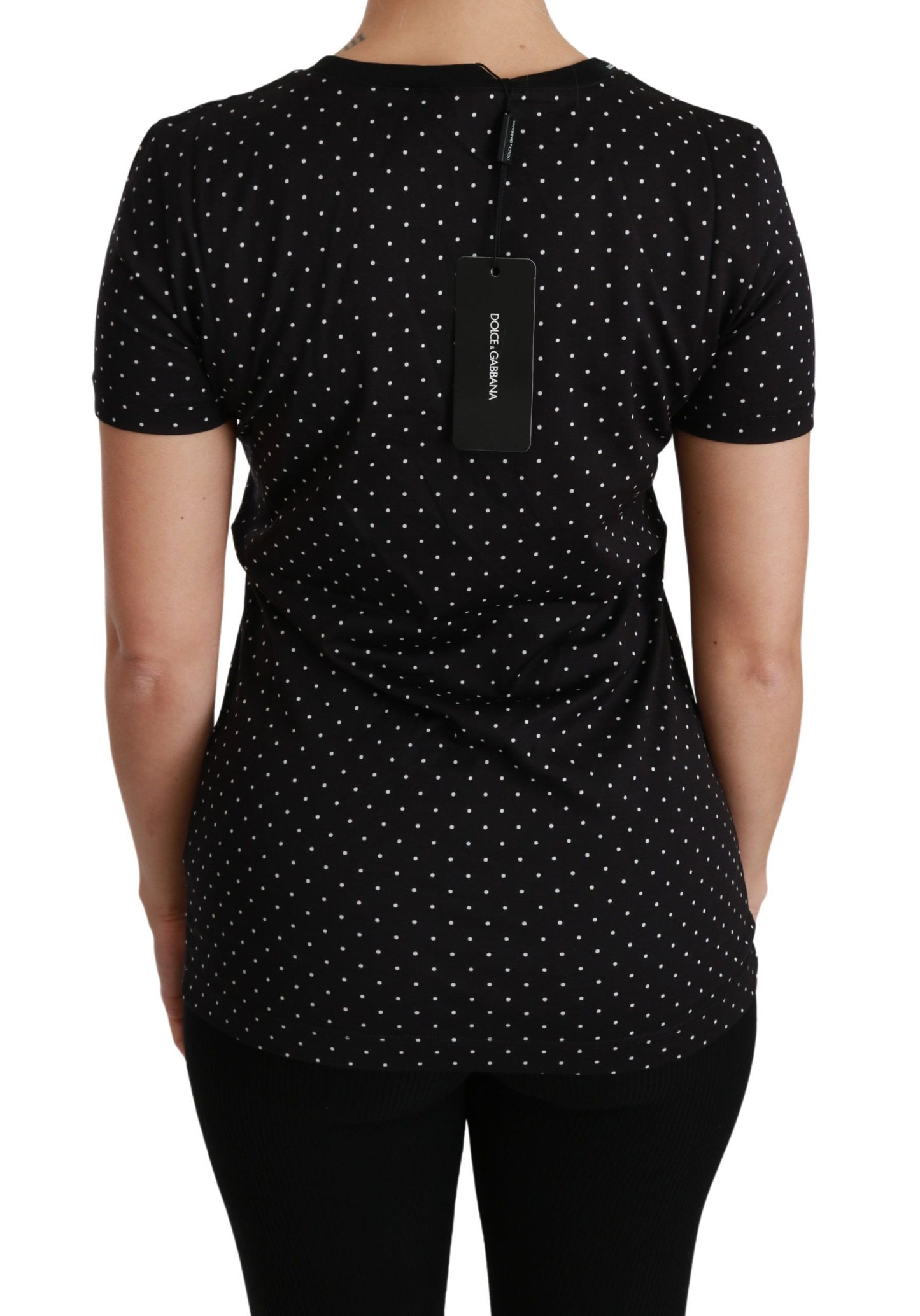 Black Dotted Crewneck Cotton Top T-shirt