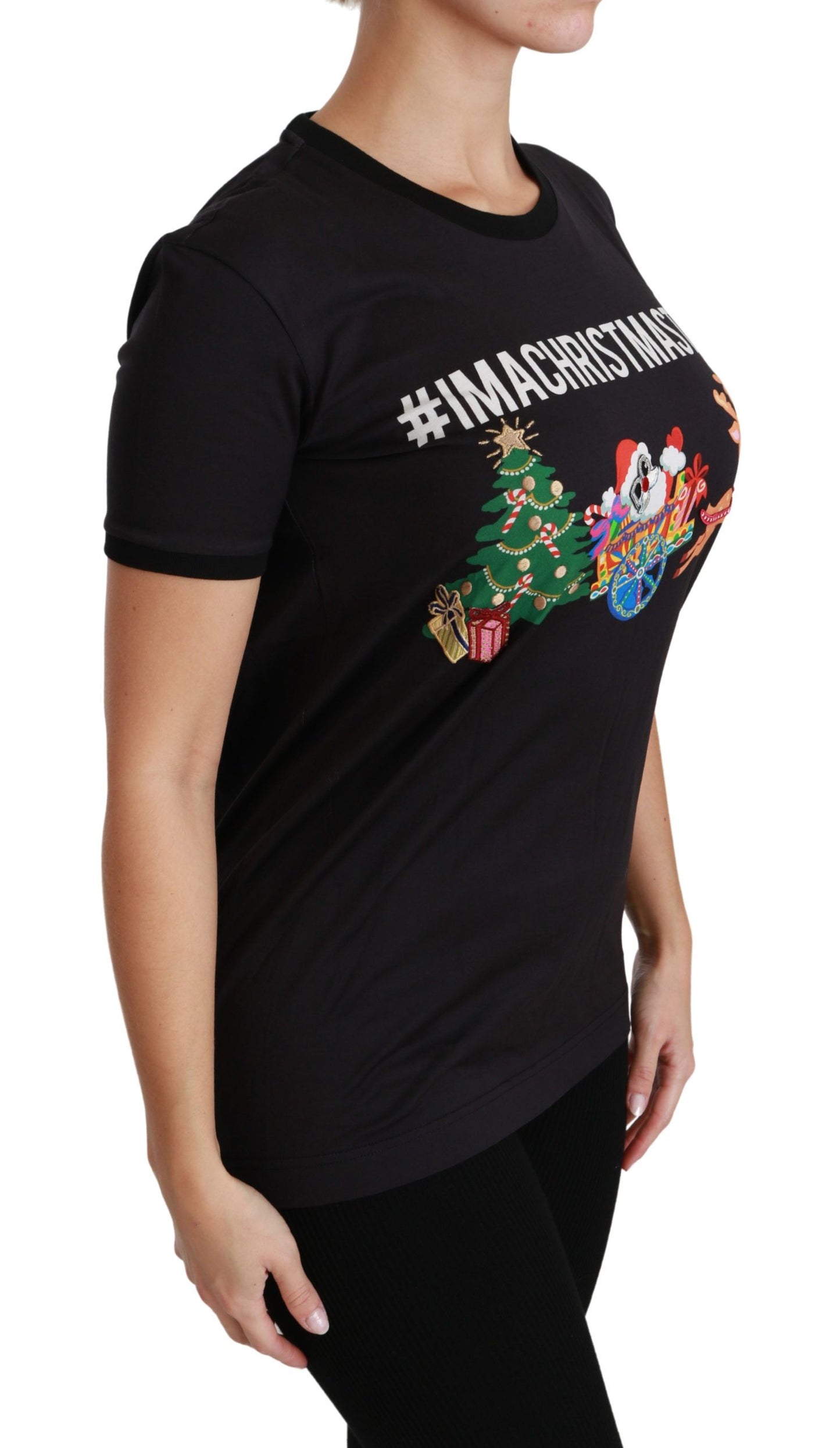 Camiseta negra de algodón con cuello redondo y estampado único