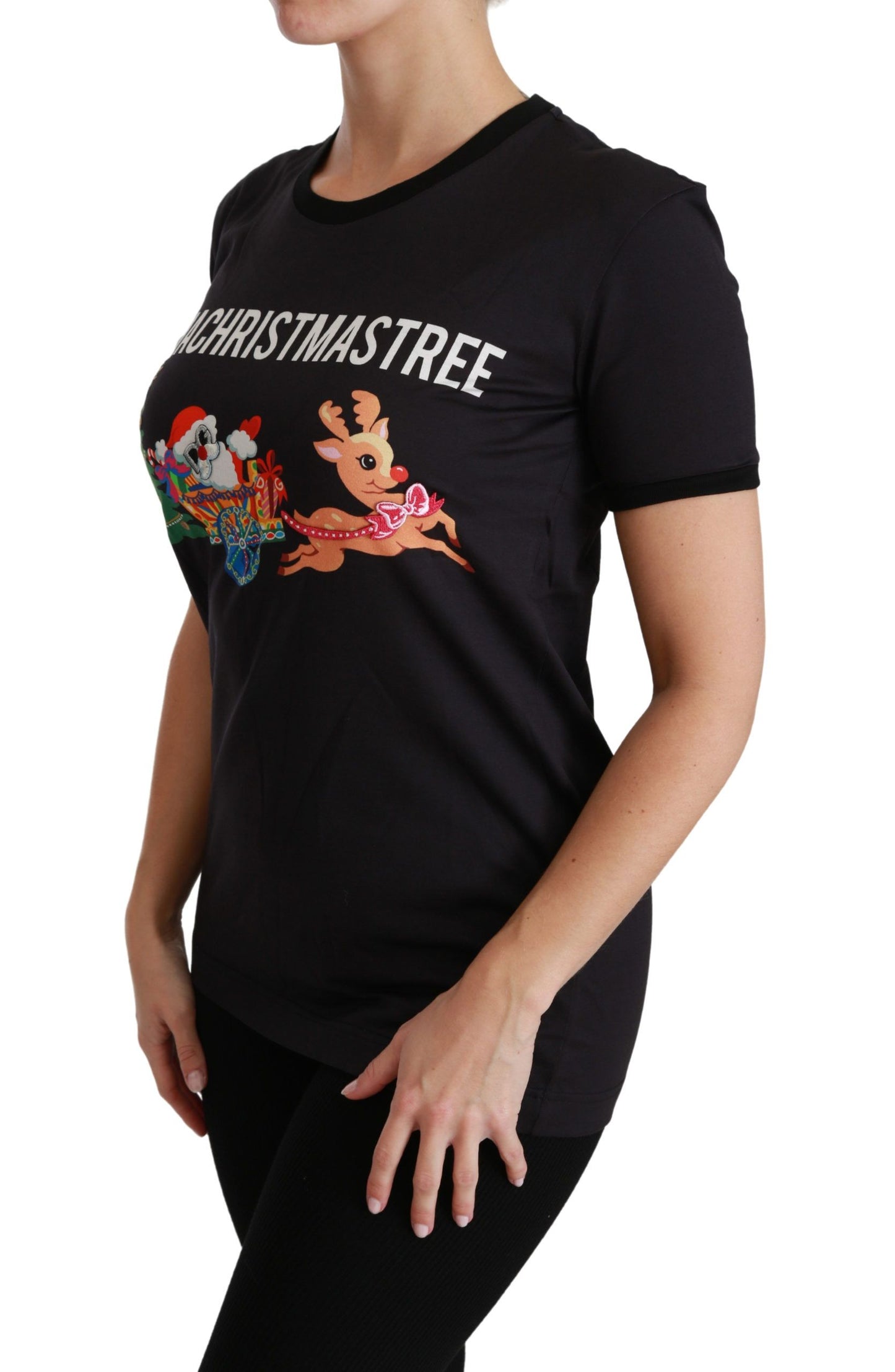 Camiseta negra de algodón con cuello redondo y estampado único
