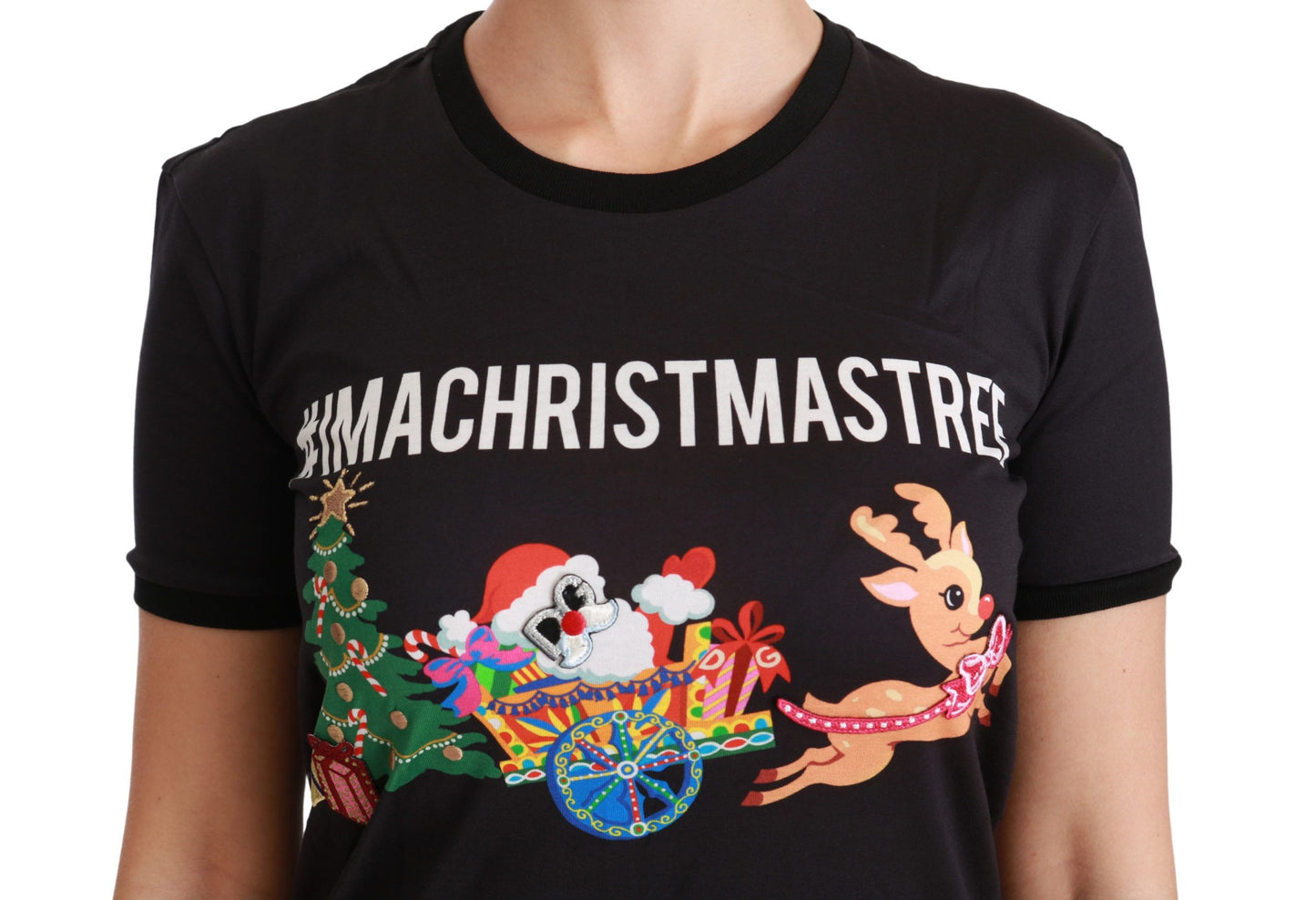 Camiseta negra de algodón con cuello redondo y estampado único