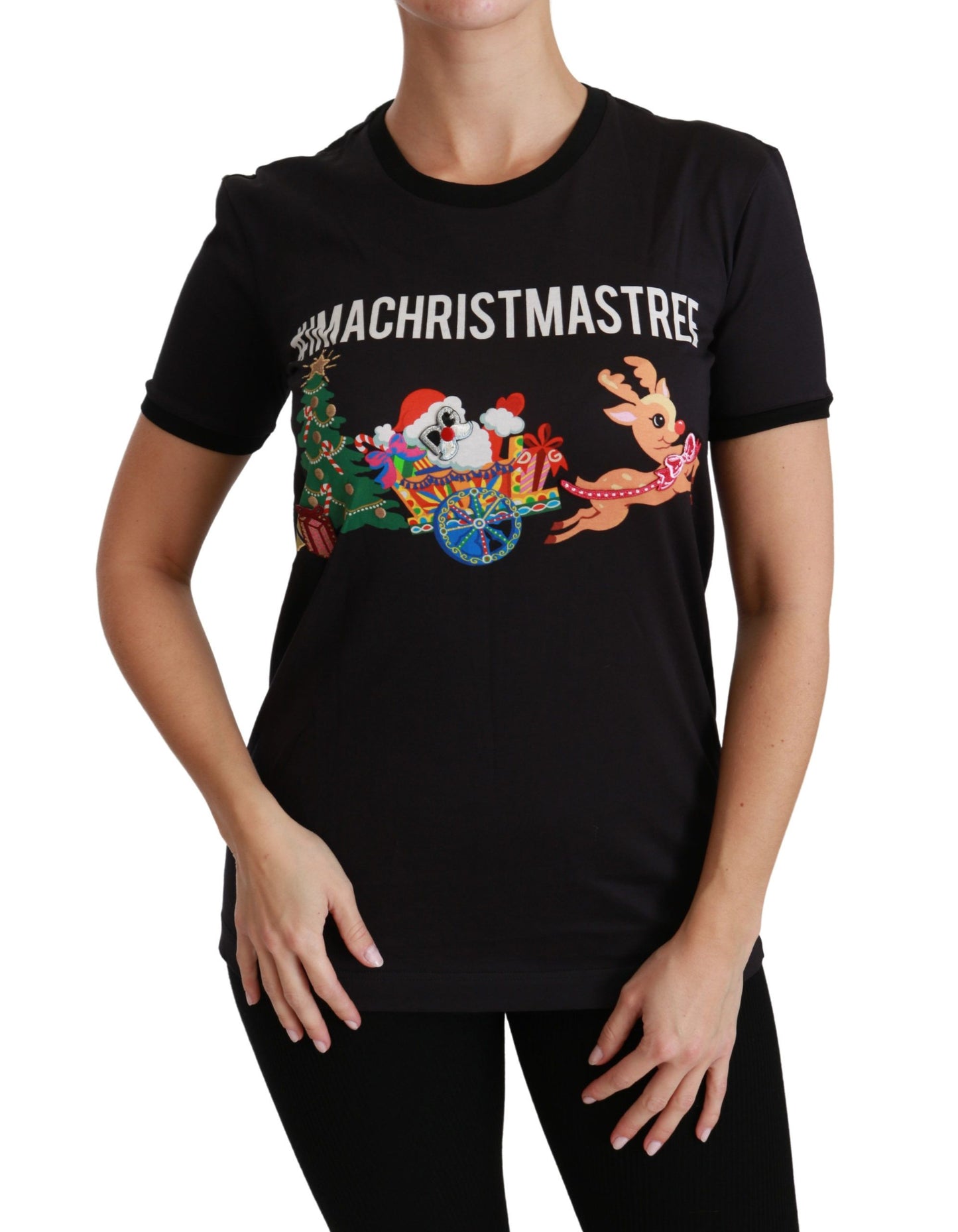 Camiseta negra de algodón con cuello redondo y estampado único