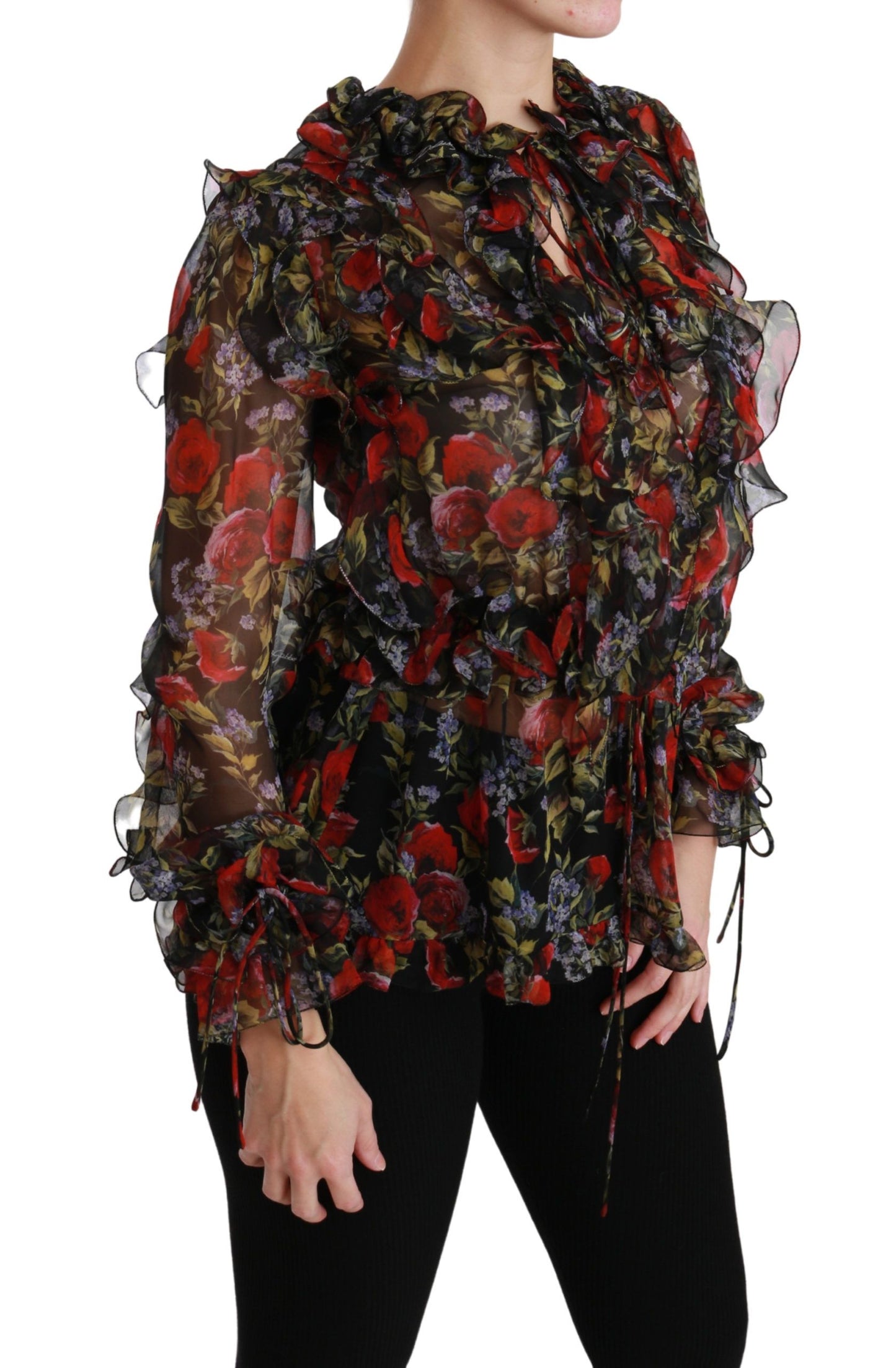 Elegante blusa de seda floral de manga larga