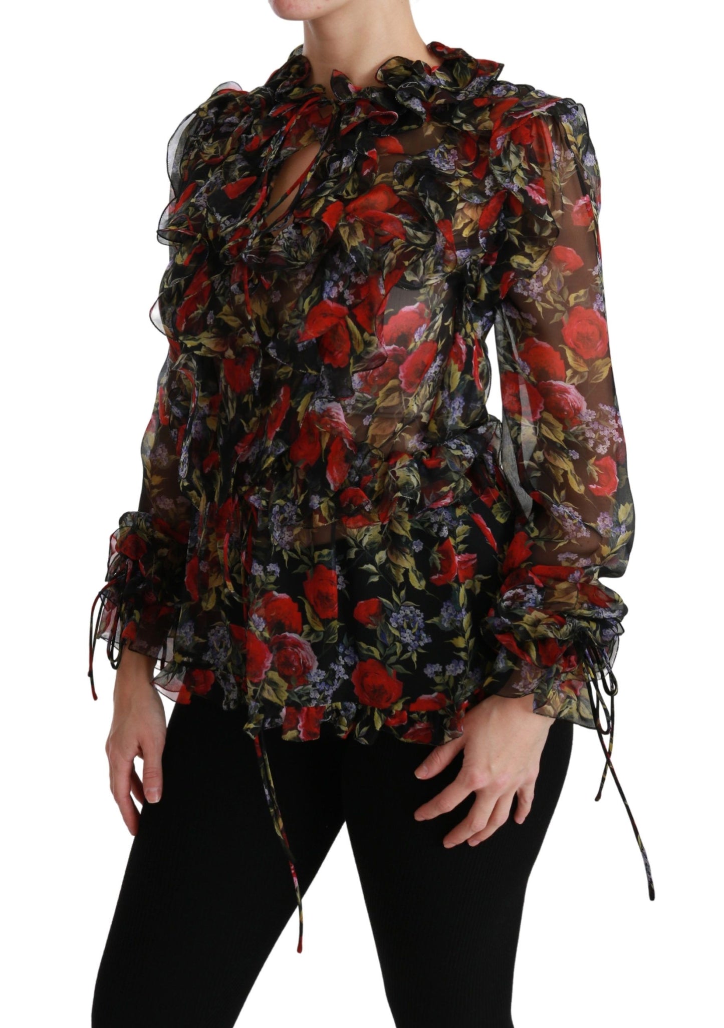 Elegante blusa de seda floral de manga larga