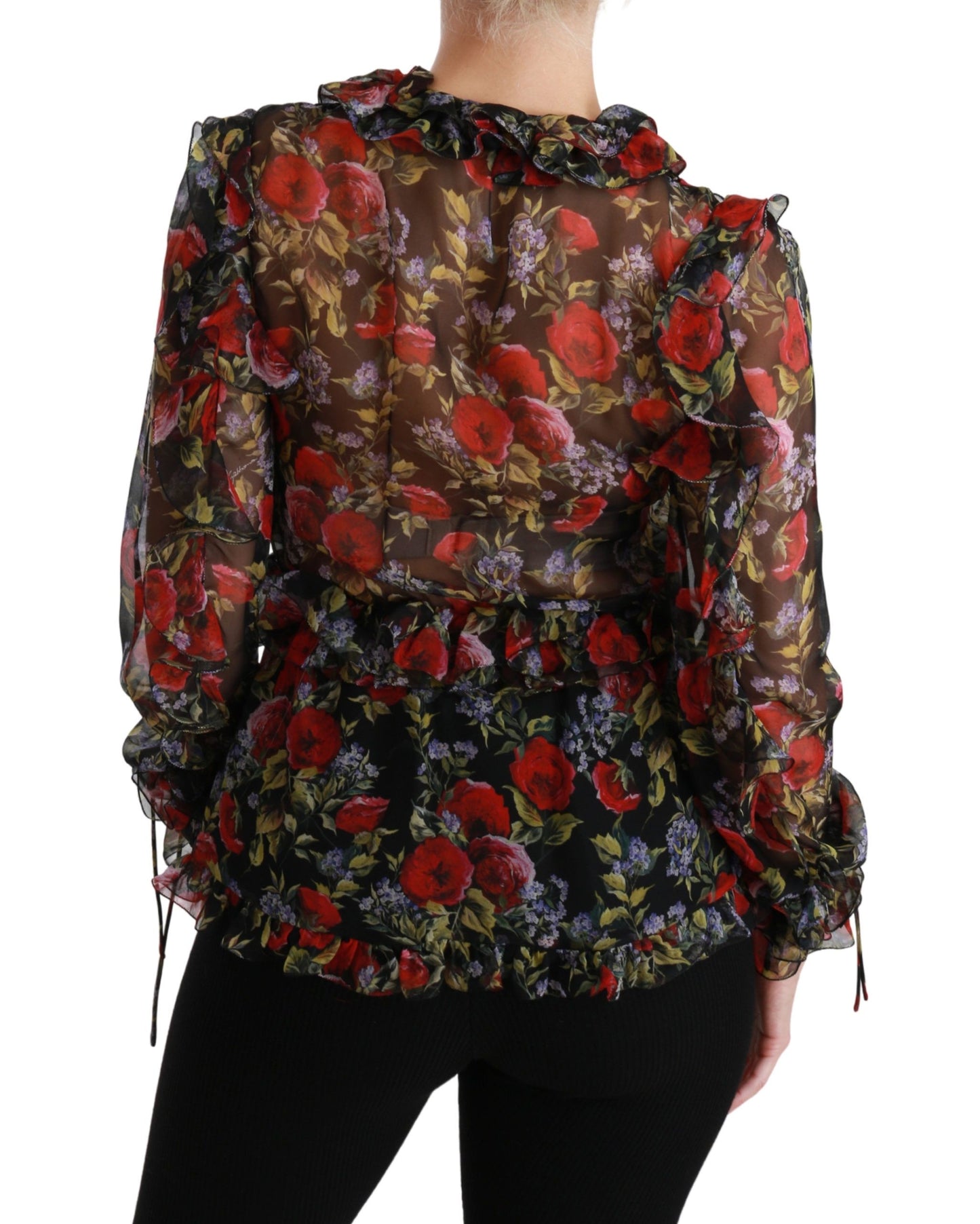 Elegante blusa de seda floral de manga larga