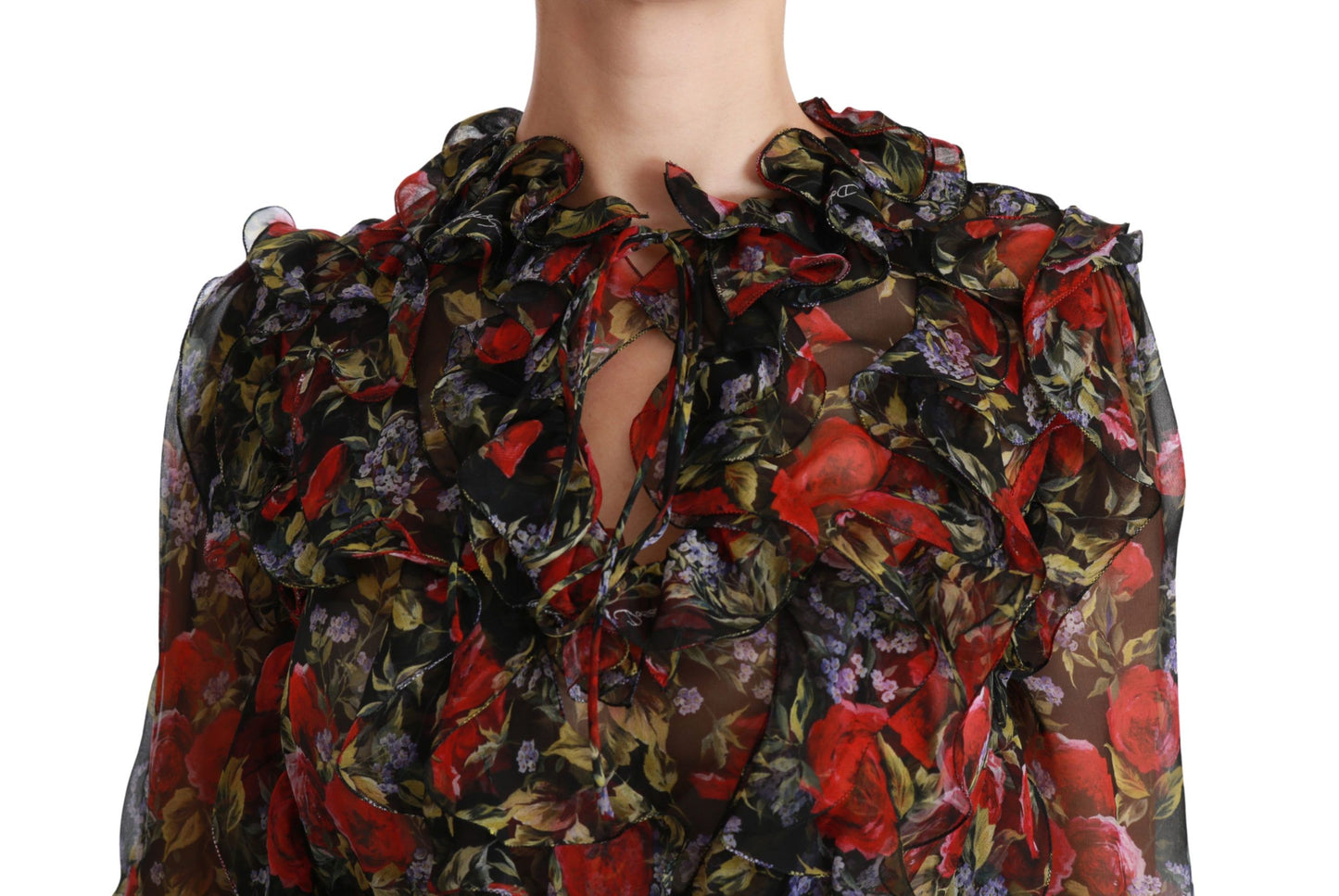 Elegante blusa de seda floral de manga larga