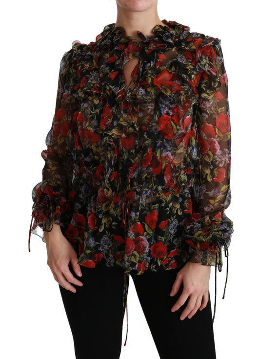 Elegante blusa de seda floral de manga larga