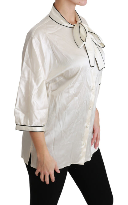 Elegante blusa de seda beige con pañuelo de lazo