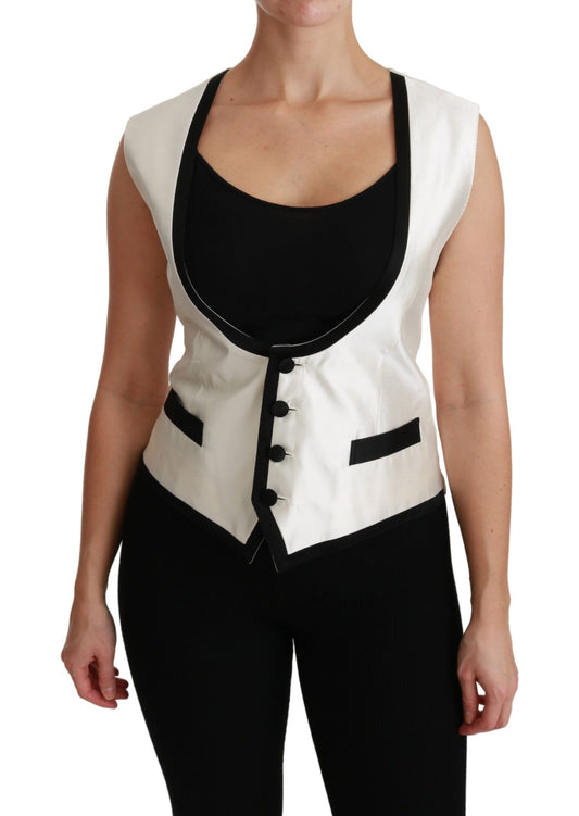 Elegante chaleco de seda sin mangas en blanco y negro