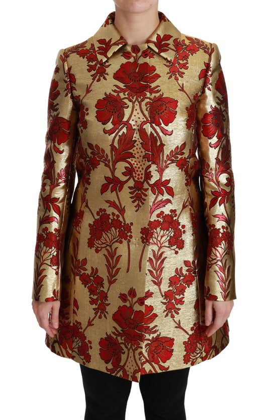 Elegante gabardina con brocado floral dorado