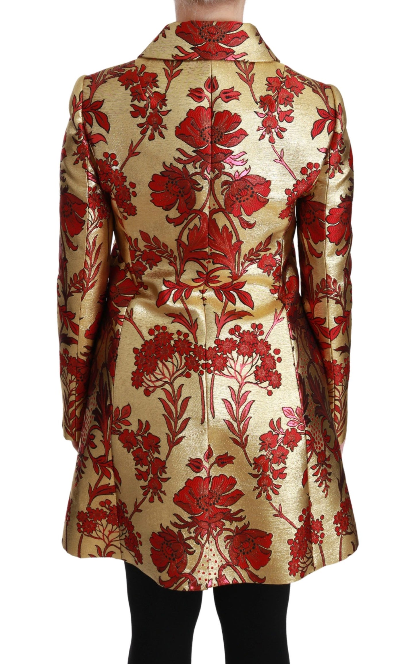 Elegante gabardina con brocado floral dorado