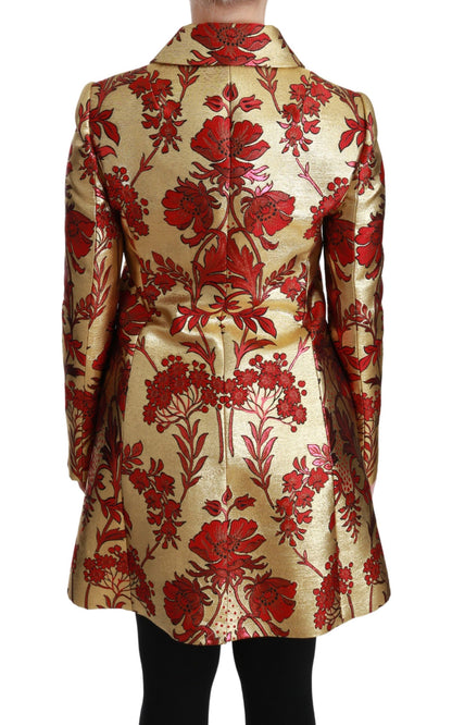 Elegante gabardina con brocado floral dorado