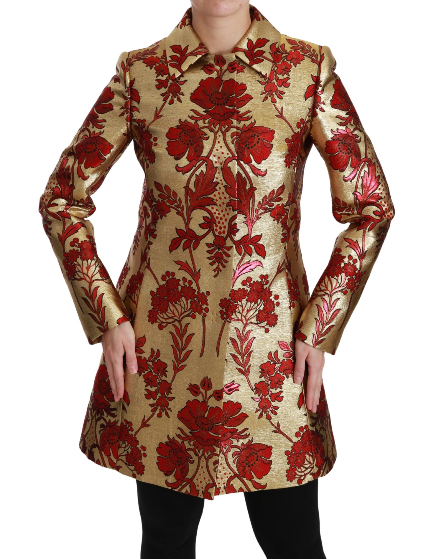 Elegante gabardina con brocado floral dorado