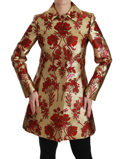 Elegante gabardina con brocado floral dorado