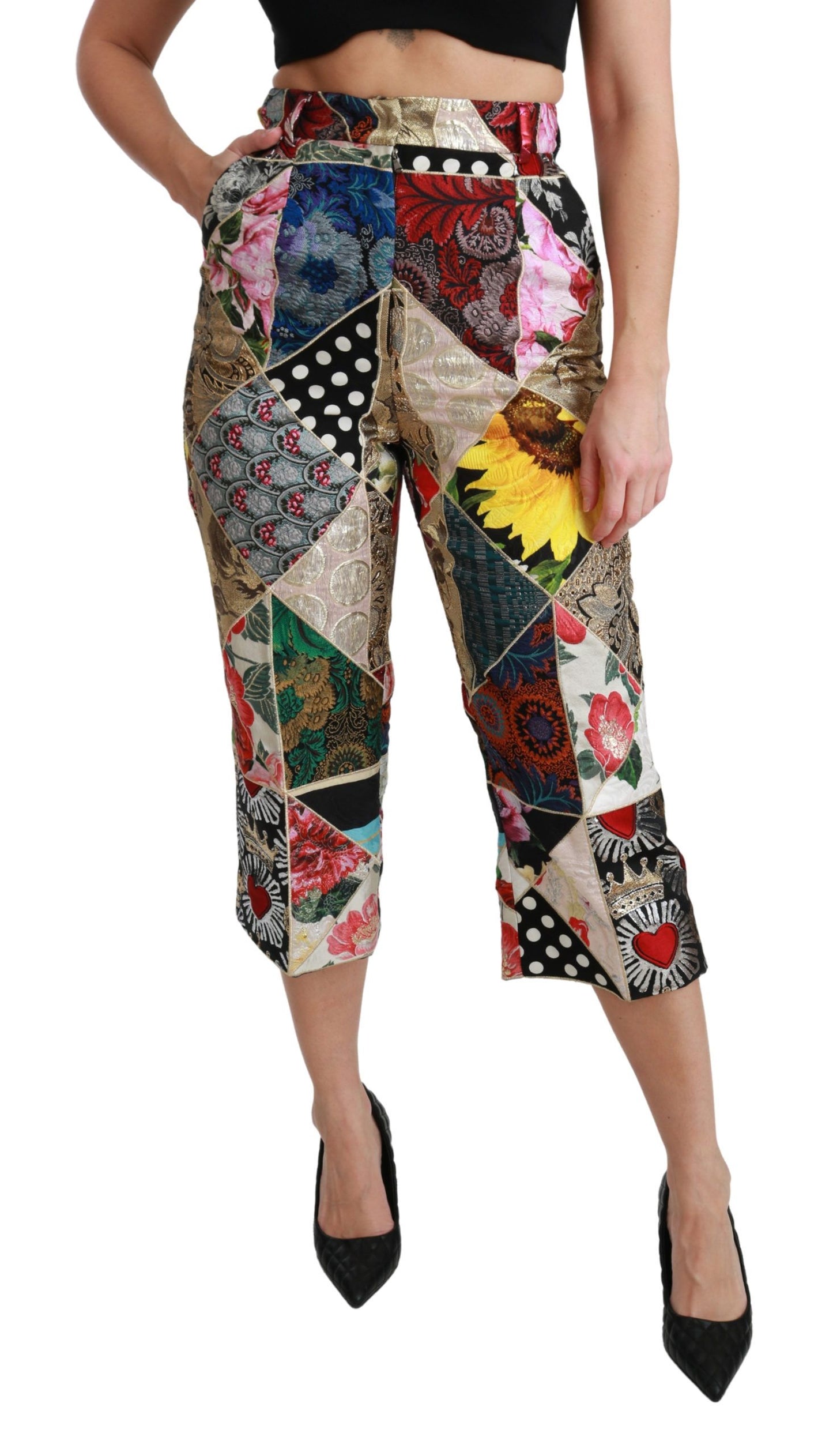 Pantalones elegantes de cintura alta con corte cropped en mezcla de seda
