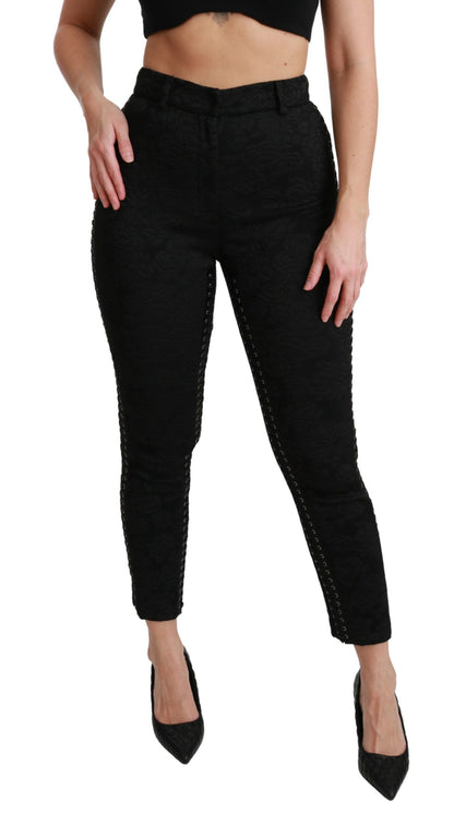 Pantalones elegantes de brocado negro ajustados de cintura alta