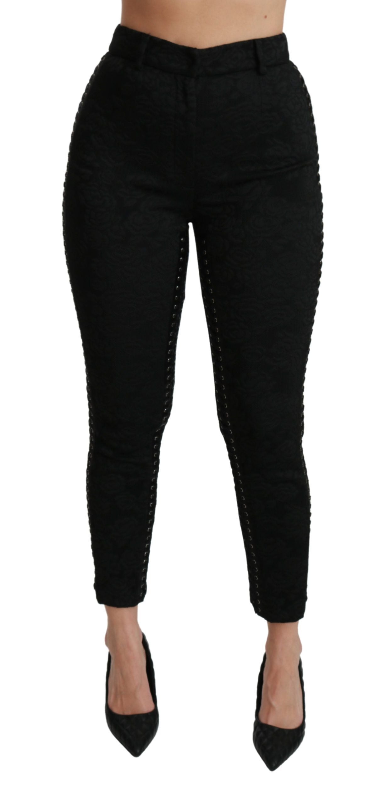 Pantalones elegantes de brocado negro ajustados de cintura alta