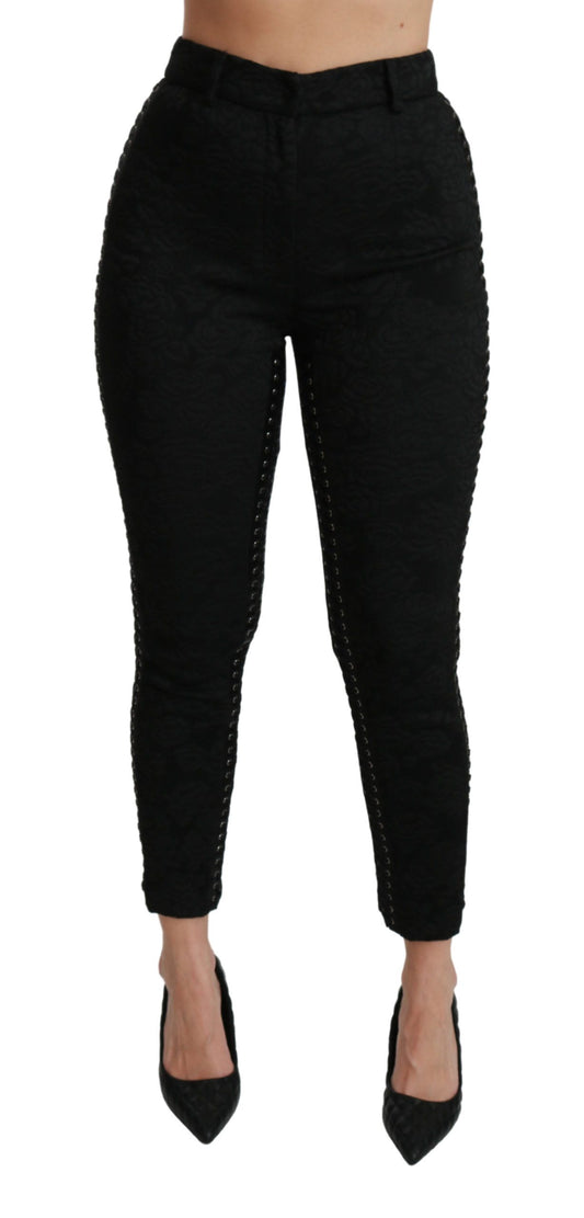 Pantalones elegantes de brocado negro ajustados de cintura alta