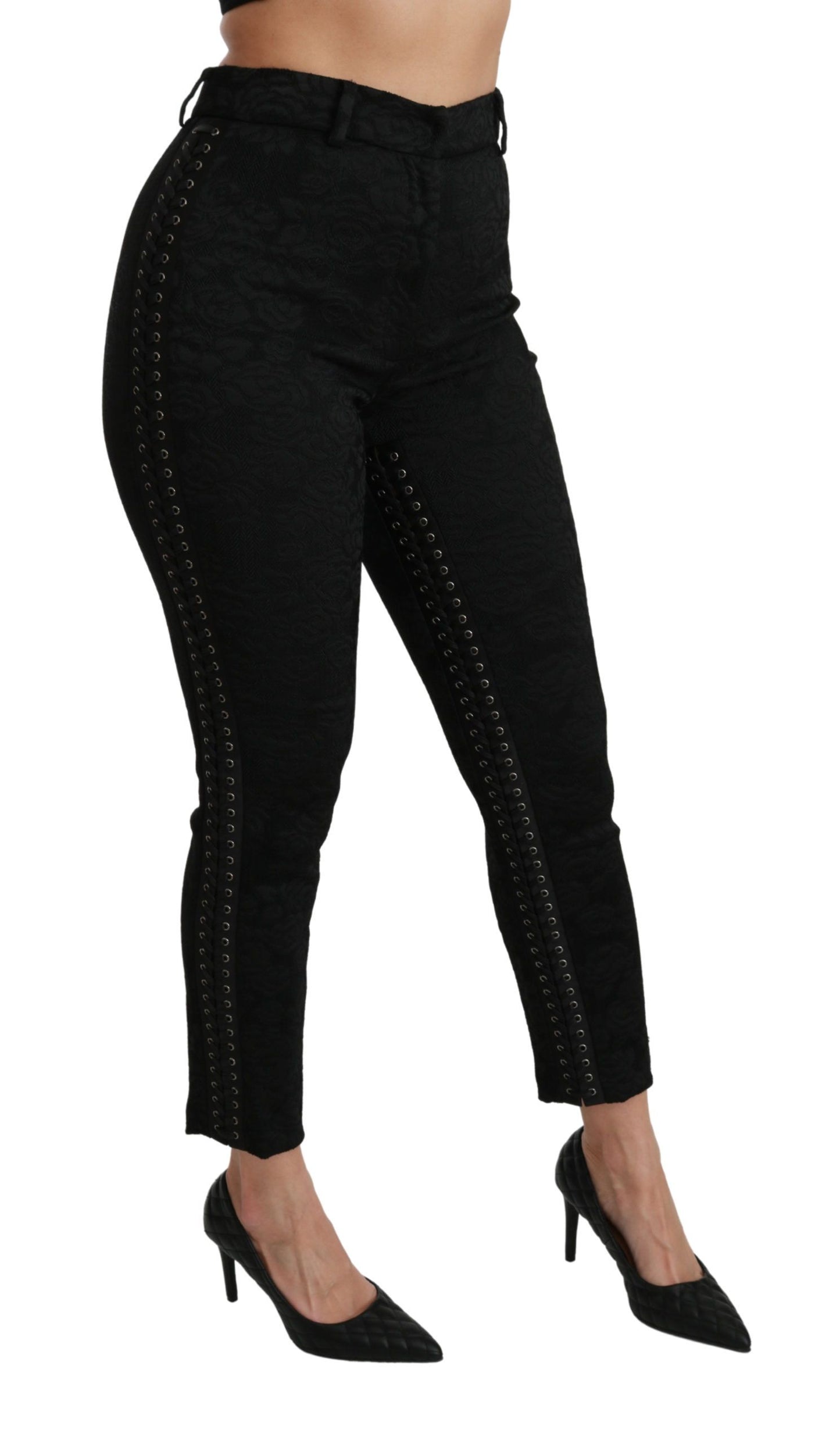 Pantalones elegantes de brocado negro ajustados de cintura alta