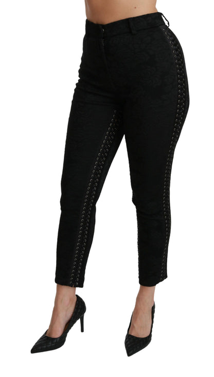 Pantalones elegantes de brocado negro ajustados de cintura alta