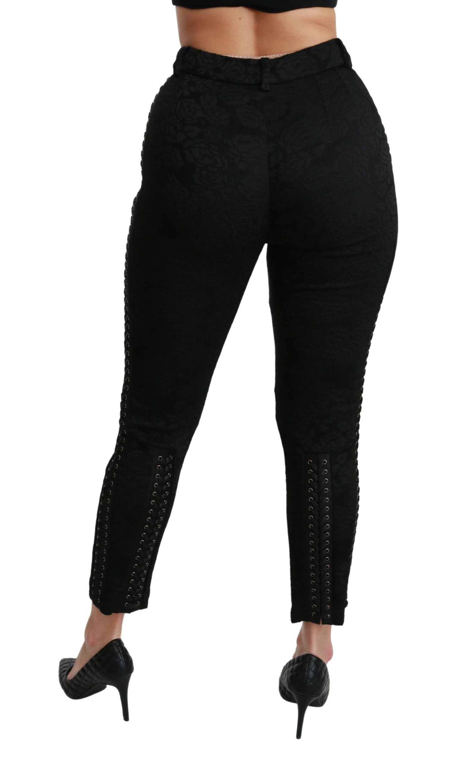 Pantalones elegantes de brocado negro ajustados de cintura alta