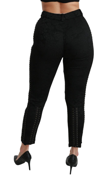 Pantalones elegantes de brocado negro ajustados de cintura alta