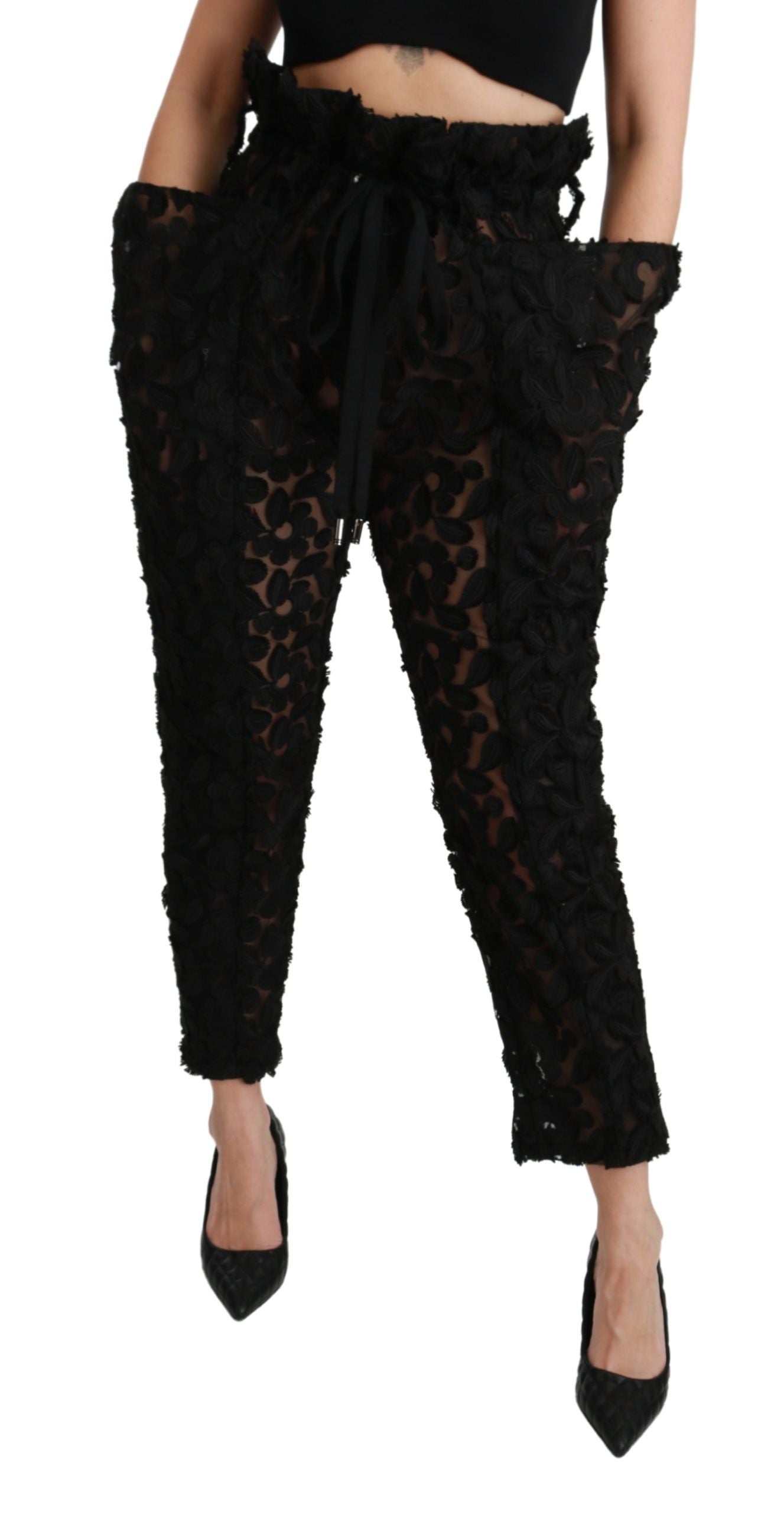 Pantalones elegantes de encaje con cintura alta y cónica