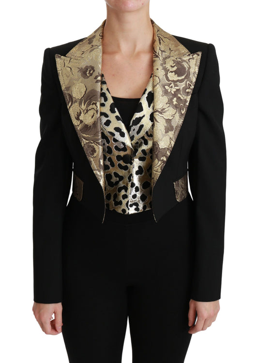Conjunto opulento de chaqueta y chaleco con estampado floral en dorado y negro