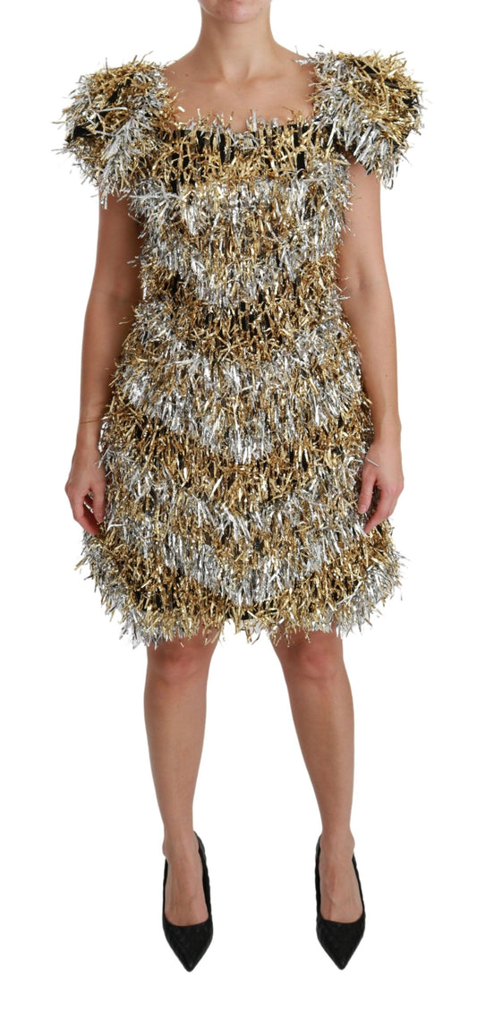 Elegante minivestido recto en capas plateado