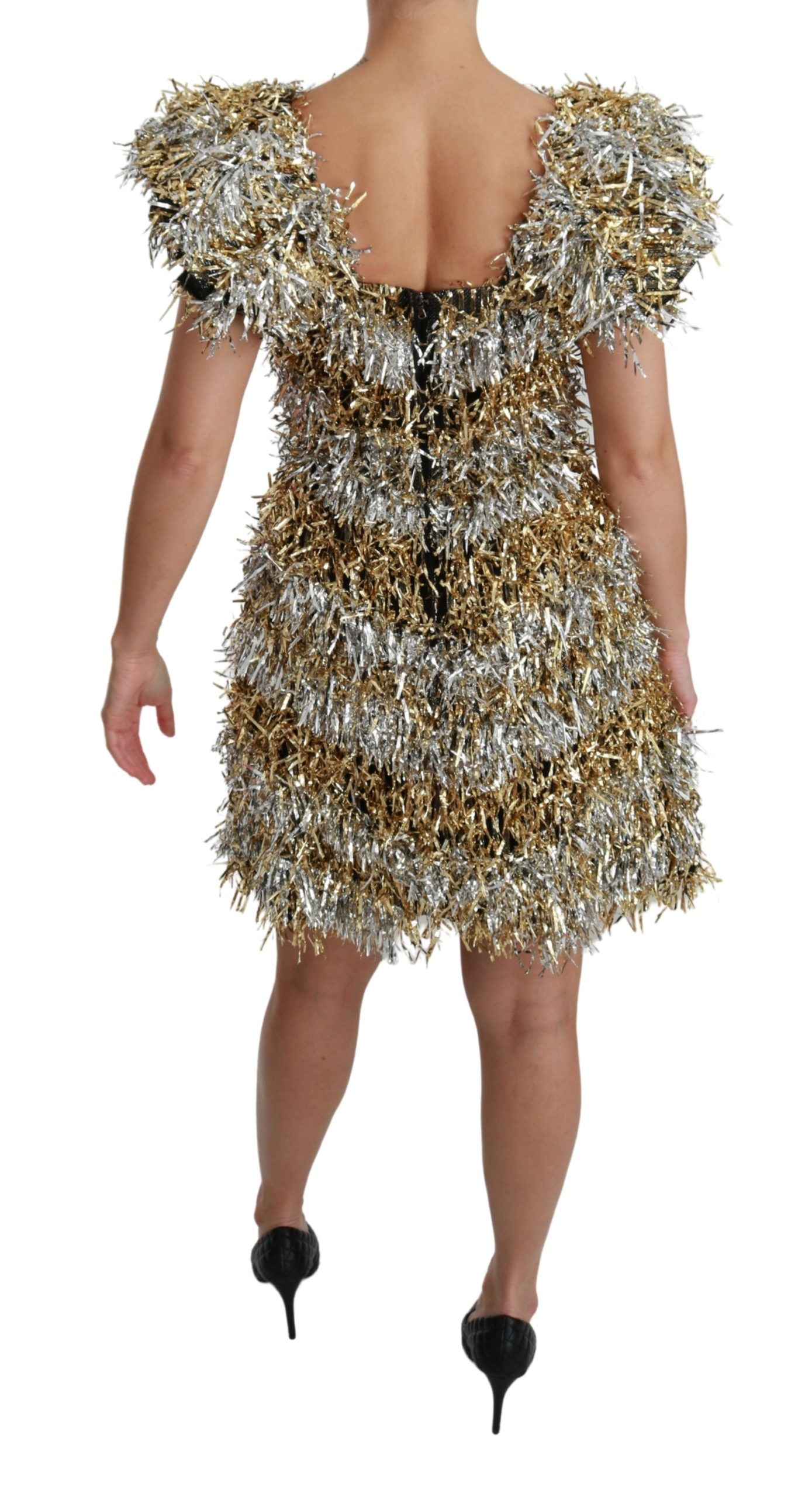 Elegante minivestido recto en capas plateado