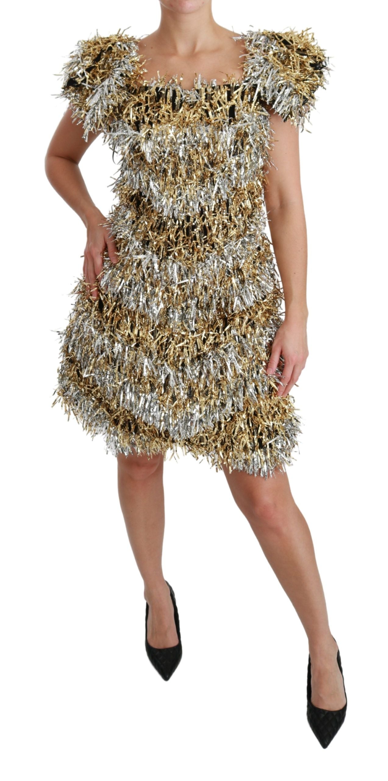 Elegante minivestido recto en capas plateado