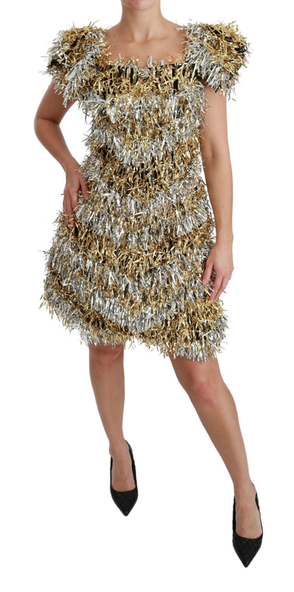 Elegante minivestido recto en capas plateado