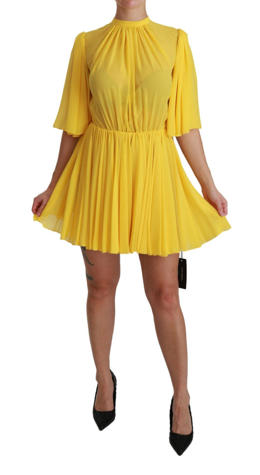 Minivestido plisado de seda en forma de A en amarillo brillante