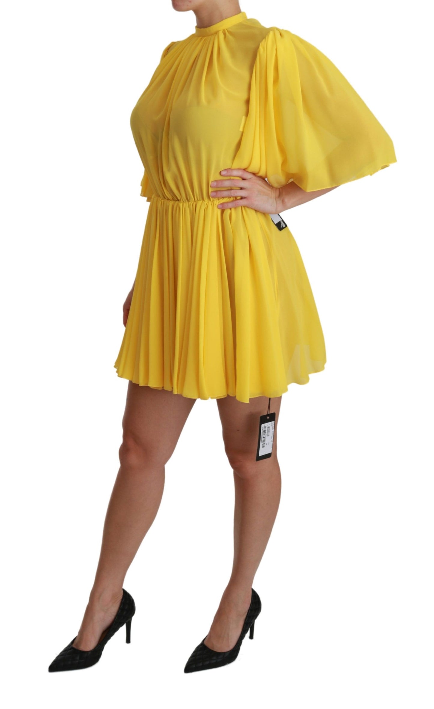 Minivestido plisado de seda en forma de A en amarillo brillante
