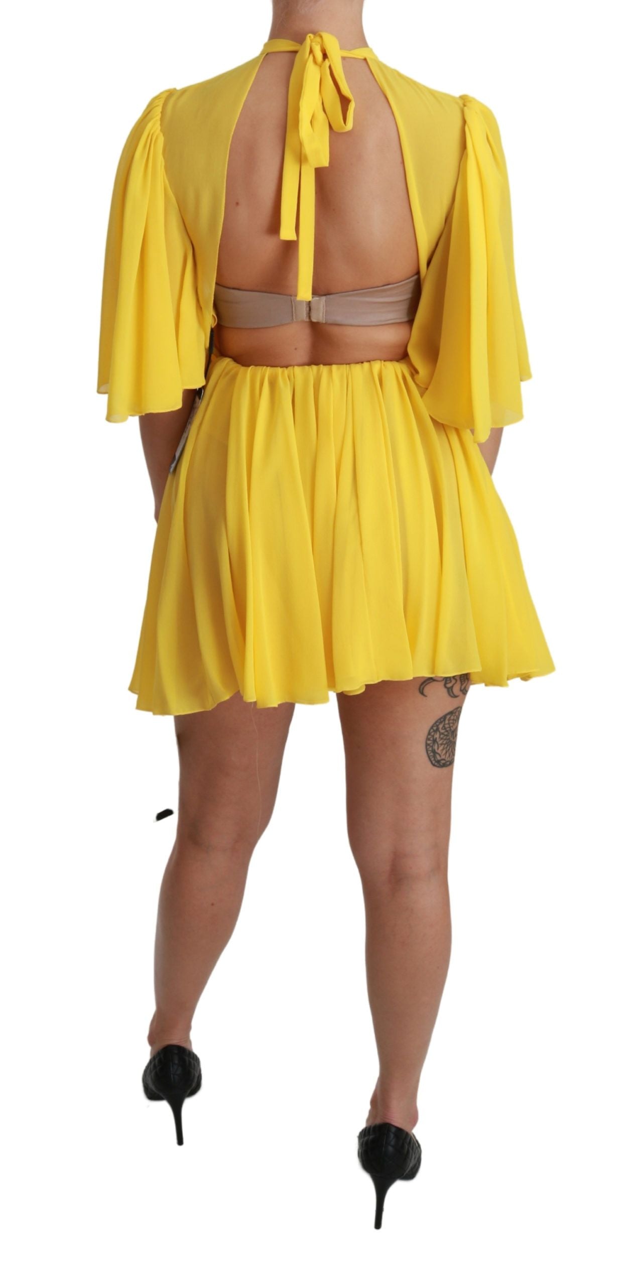 Minivestido plisado de seda en forma de A en amarillo brillante