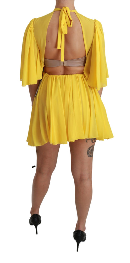 Minivestido plisado de seda en forma de A en amarillo brillante