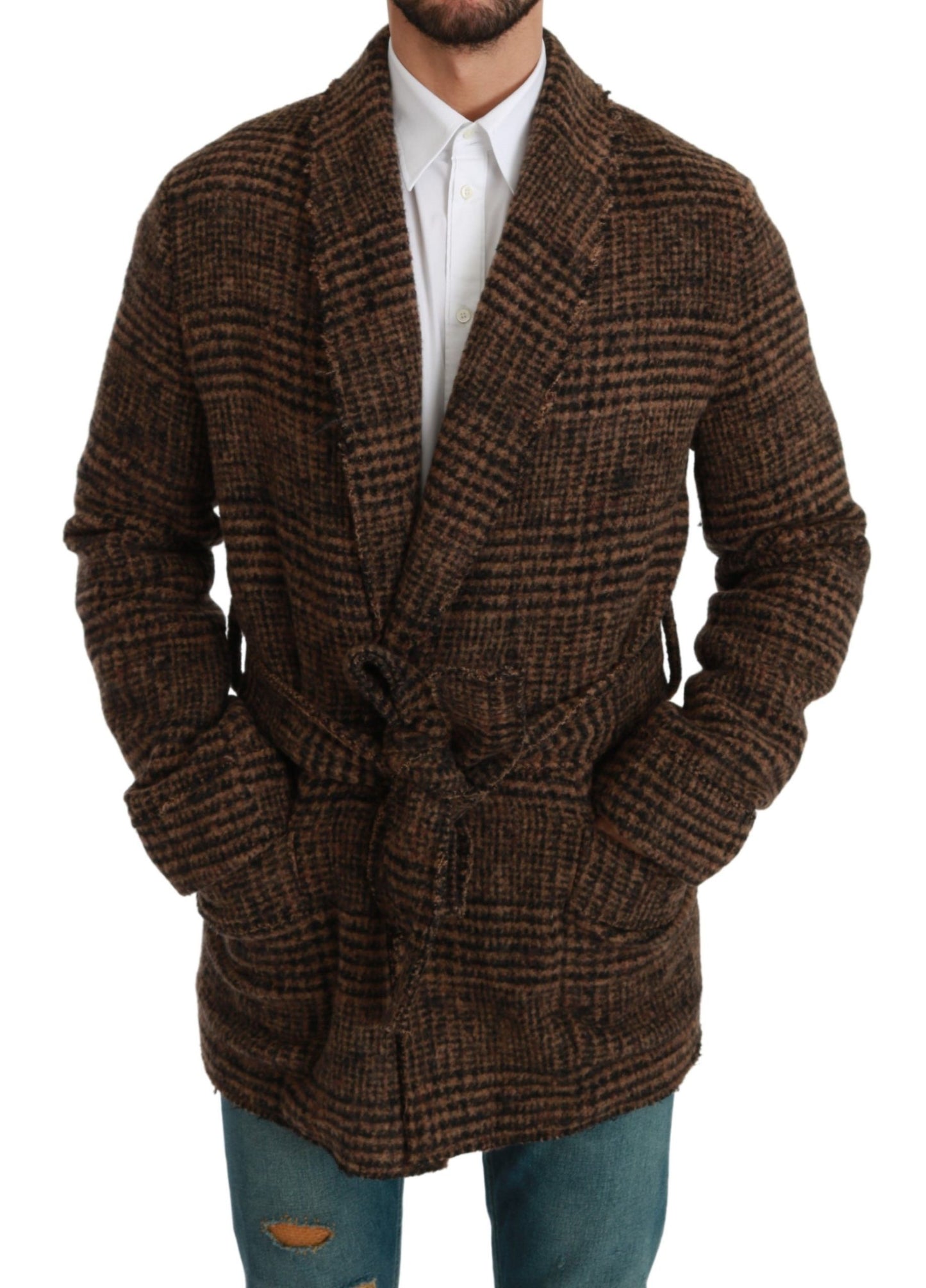 Elegante chaqueta tipo capa con cinturón de mezcla de alpaca marrón