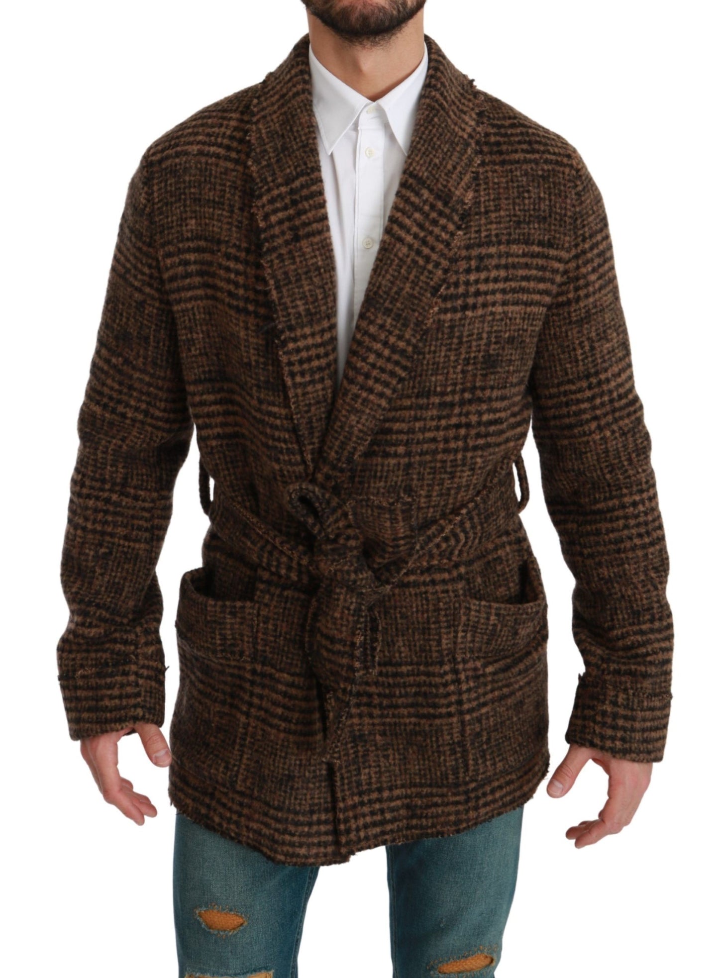 Elegante chaqueta tipo capa con cinturón de mezcla de alpaca marrón