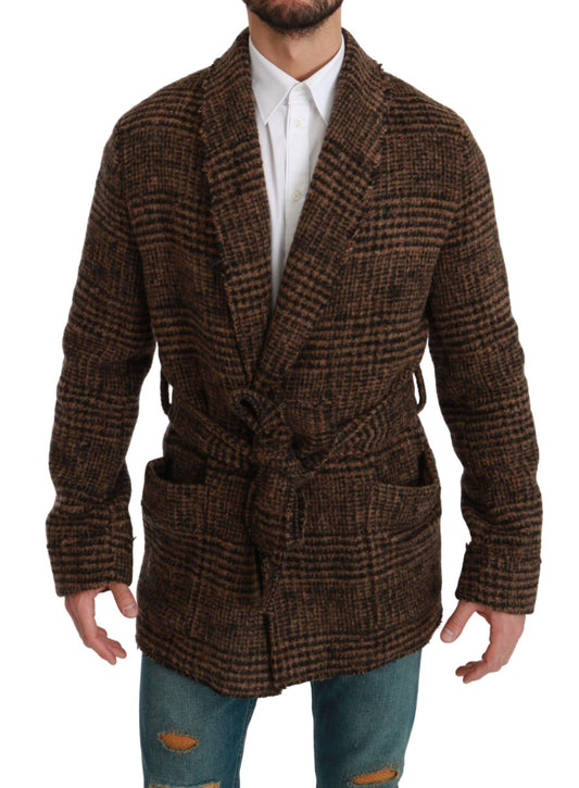 Elegante chaqueta tipo capa con cinturón de mezcla de alpaca marrón